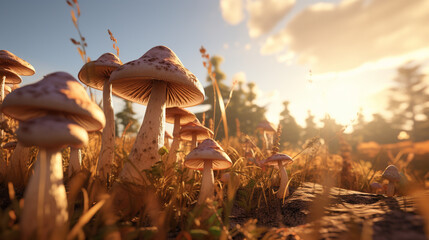 Full bloom mushrooms organic farm in the morning with sun rise. Created using generative AI. - obrazy, fototapety, plakaty