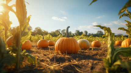 Ripe pumpkin in the plantation with the sun rays in harvesting time. Created using generative AI.