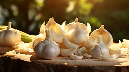 Obraz na płótnie Canvas Fresh healthy garlic on the wood table with sun light. Created using generative AI.