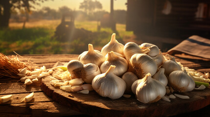 Fresh healthy garlic on the wood table with sun light. Created using generative AI.
