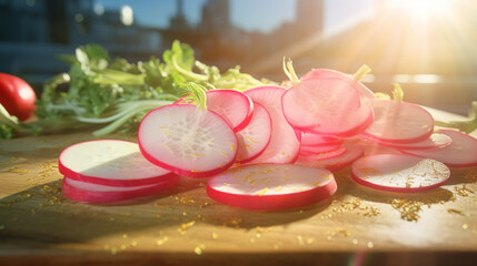 Vegetable menu organic radish in the kitchen with sunshine. Created using generative AI.