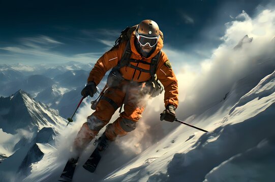Skier on the top of mountain. Generative AI.