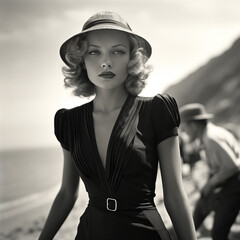 vintage 1940s portrait of a blond woman wearing a fedora hat at the beach	

