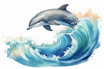 A dolphin illustration with a watercolor wave background. Generative AI