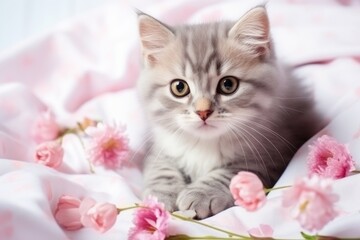 Little beautiful cute kitten with pink flowers