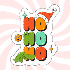 Christmas groovy sticker text ho-ho-ho. Noel hat, scarf and toys.