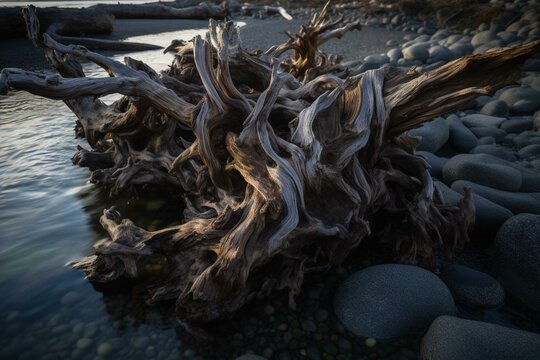 a gnarled heap of driftwood, overseeing an expansive profound water body. Generative AI