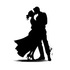 Silhouette Illustrations representing a couple in love: A Romantic Collection, Editable Stroke graphics, French kiss outlines, lovers attitude 