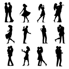 Silhouette Illustrations of Love and Kisses: A Romantic Collection, editable vector	