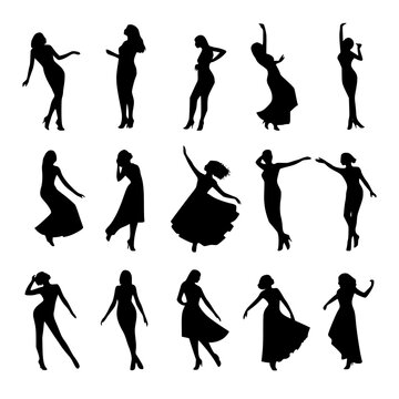 set of Silhouette Illustrations representing women dancing: A Romantic Collection, editable vector	