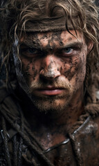 Obraz premium A portrait of a young Germanic tribesman in battle. Young angry man with wild eyes in battle amid wet terrain mud.