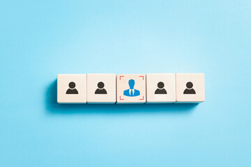 wooden block with person icon with human resources recruitment, Employment headhunting, candidate, process of selecting people to work in the organization. HR human resources concept.