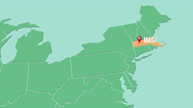 Mapa de los Estados Unidos de Am&eacute;rica con divisi&oacute;n pol&iacute;tica resaltando el estado de Massachusetts