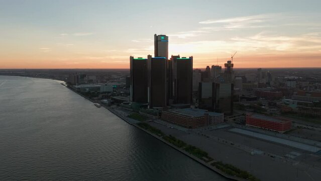 Detroit, Michigan, United States. panoramic aerial shot of the city of Detroit. Central Business District and Detroit river at Evening Time. 