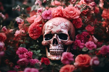 Floral skull adorned with vibrant pink flower decorations. Mexican traditional folk skeleton festival, Day of the dead concept. generative AI