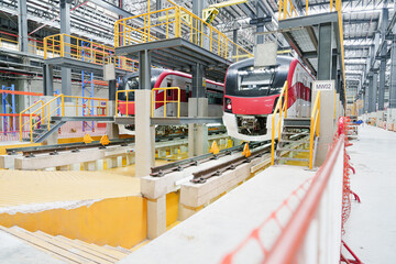 Maintenance plant of sky train. Locomotive repair plant red line train bang sue grand station in Bangkok Thailand. Public modern clever railway track transportation and transport or commuter transport - obrazy, fototapety, plakaty