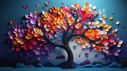 Elegant colorful tree with vibrant leaves hanging branches illustration background. Bright color 3d abstraction wallpaper