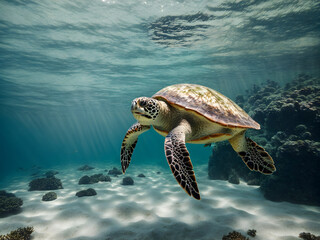Elegance sea turtle swimming undersea