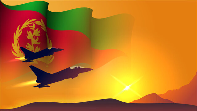 fighter jet plane with eritrea waving flag background design with sunset view suitable for national eritrea air forces day event