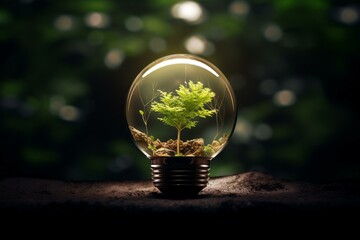 A plant in a light bulb with a tree reflection and dark background. Generative AI - obrazy, fototapety, plakaty