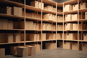 Cardboard boxes on shelves. 3D illustration. Generative AI - obrazy, fototapety, plakaty