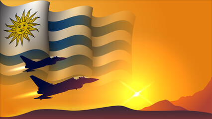 fighter jet plane with uruguay waving flag background design with sunset view suitable for national uruguay air forces day event