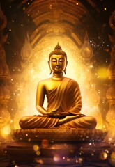 An abstract image featuring a shimmering golden Buddha as the background, exuding an aura of tranquility and enlightenment.