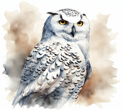 Beautiful Snowy Owl bird, watercolor dye painting