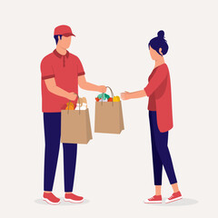 Delivery Man Passing The Groceries Bag To The Young Woman Customer. Full Length. Flat Design.