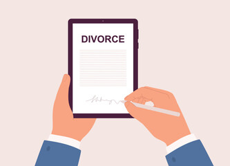 Male’s Hand Holding Tablet While Signing An Online Divorce Decree With Stylus Pen. Close-Up. - obrazy, fototapety, plakaty