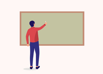 Back View Of A Man Teacher Writing On An Empty Chalkboard With White Color Chalk. Full Length. Flat Design.