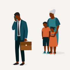 Obraz premium Busy Black Working Father With Handphone Neglected His Children And Leaving Them To Their Grandmother To Take Care. Full Length. Flat Design.