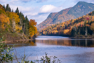 Beautiful Mountains and River in the Fall Near the Visitor Centre of Jacques-Cartier National Park