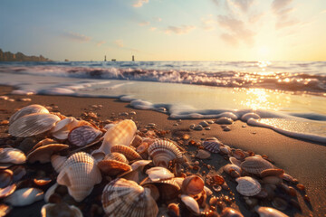 Fototapeta na wymiar A collection of seashells on a sandy beach creates a scenic horizon view perfect for outdoor enthusiasts and nature lovers. The beauty of nature is captured in this coastal landscape. AI Generative.
