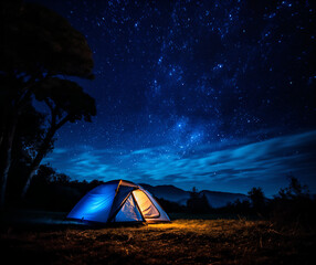 きれいな星空の下のキャンプ　明かりのついた青いテント