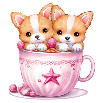Watercolor Christmas Animals In Cups Clipart Illustration