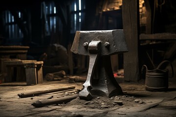 Anvil with hammer on floor in a blacksmith shop. Generative AI - obrazy, fototapety, plakaty