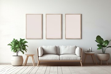 Contemporary Scandinavian living space featuring a blank picture frame and three square objects. Generative AI