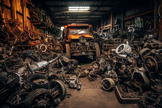 Vehicle parts in warehouses. Used parts for recycling in the scrap yard garage. Generative AI