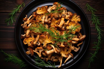 Fried chanterelle mushrooms in a plate on a wooden background. Delicious dish top view. - obrazy, fototapety, plakaty