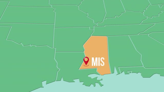 Mapa de los Estados Unidos de Am&eacute;rica con divisi&oacute;n pol&iacute;tica resaltando el estado de Mississippi