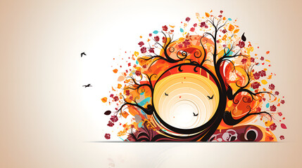 Colorful tree with flowers and birds wall art