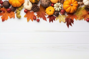 Naklejka na ściany i meble Autumn-themed wallpaper featuring leaves, gourds, and berries on a white wooden tabletop. Thanksgiving concept with empty area for text. Generative AI
