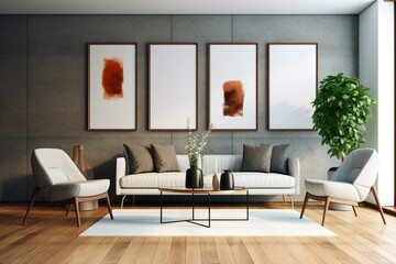 Fototapeta na wymiar Image of empty posters on wall in modern living room with wooden floor and stylish furniture, representing contemporary design. Generative AI