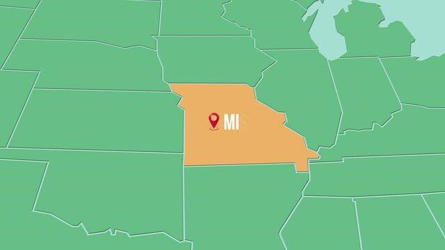 Mapa de los Estados Unidos de Am&eacute;rica con divisi&oacute;n pol&iacute;tica resaltando el estado de Missouri