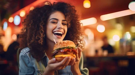 Fotobehang Woman Eating Vegan Meatless Burger in Restaurant © BornHappy