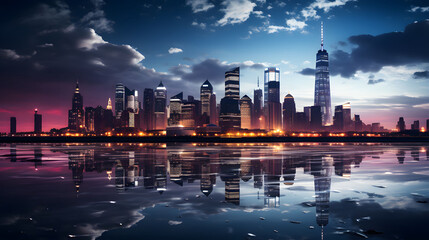Sundown in the metropolis, City skyline at sunset, City on the water, Cityscape