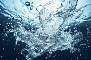 The close up photo of the clear pure blue water splash and drop on the water surface on the White and dark blue background, generative AI.