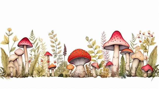 Good Hand Drawn Different Mushrooms Border