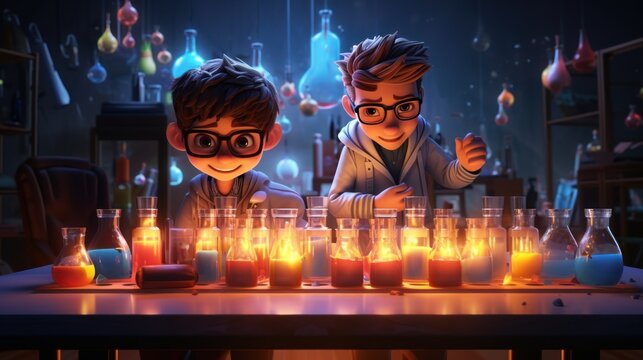 Children Style 3d Cartoon Image Of A Big Head And Little Body Research Scientist In A Lab Mixing Chemicals